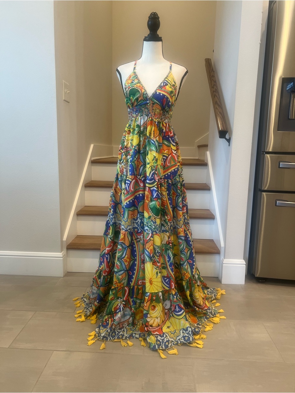 Antica Sartoria Boho Multicolor Floral Maxi Dress with Tassel Hem One Size